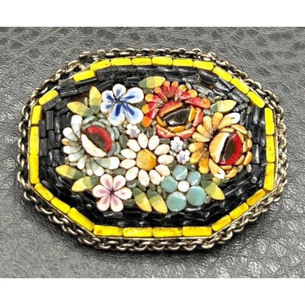 Vintage Micro Mosaic Italian Italy Floral Brooch Yellow Red Black Pin READ